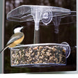 Droll Yankees Observer Window Feeder with a bird perched on it, showcasing a clear viewing area, curved perching rim, and sloped roof. Holds ½ lb of seed.