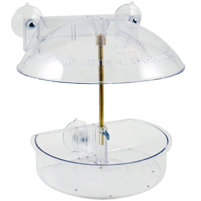 Droll Yankees Winner Window Feeder: Clear plastic bird feeder with a dome, height-adjustable, suction cups, drainage holes, and easy cleaning. Holds 1/2 lb. of various bird food.