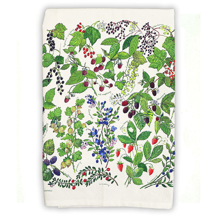 100% Cotton Tea Towel, Berries, showcasing a detailed pattern of berries and leaves, designed by nature-inspired artist Ieva Tatarsky.