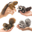 Folkmanis Mini Critter Finger Puppets: Hands holding lifelike stuffed chipmunk, raccoon, and squirrel puppets, perfect for imaginative play and adventures.