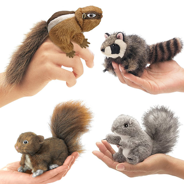 Folkmanis Mini Critter Finger Puppets: Hands holding lifelike stuffed chipmunk, raccoon, and squirrel puppets, perfect for imaginative play and adventures.