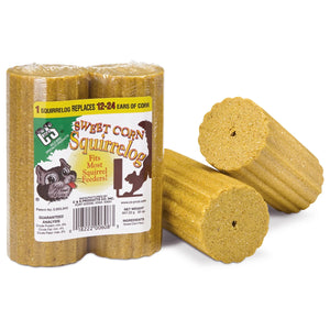 Sweet Corn Squirrelogs package featuring compact, densely packed corn logs designed to replace 12-24 ears of corn, ideal for keeping squirrels busy and away from bird feeders.