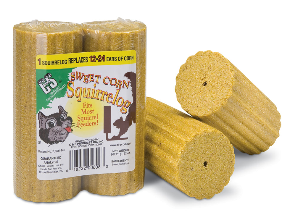 Sweet Corn Squirrelogs, a package of corn sticks, shown close-up, designed to replace 12-24 ears of corn and keep squirrels away from bird feeders.