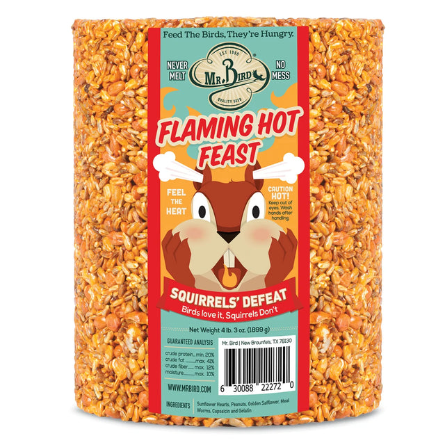 Flaming Hot Feast Seed Log, Jumbo, a suet-style bird feed cake repelling squirrels with capsaicin, features sunflower hearts, peanuts, mealworms, and safflower.