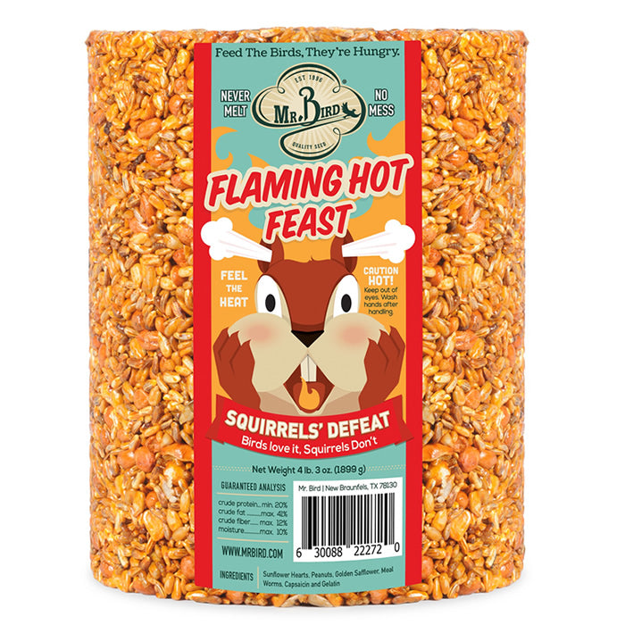 Flaming Hot Feast Seed Log, Jumbo: A large bag of spicy bird feed featuring sunflower hearts, peanuts, safflower seeds, mealworms, and capsaicin, with a squirrel illustration.