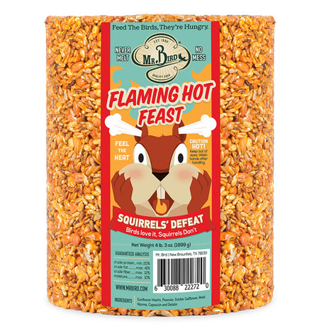 Flaming Hot Feast Seed Log, Jumbo: A large bag of spicy bird feed featuring sunflower hearts, peanuts, safflower seeds, mealworms, and capsaicin, with a squirrel illustration.