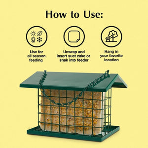 EZ Fill Deluxe Suet & Block Feeder, featuring a metal cage design, holds a suet block with a protective roof and mesh sides for bird feeding.