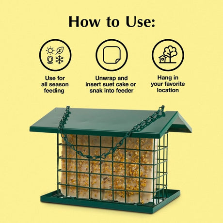 EZ Fill Deluxe Suet & Block Feeder, featuring a metal cage design, holds a suet block with a protective roof and mesh sides for bird feeding.