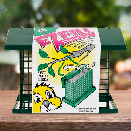 EZ Fill Deluxe Suet & Block Feeder with green cage design, metal roof, hanging chain, and removable tray for suet cakes; ideal for clinging and perching birds.