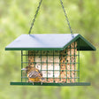 EZ Fill Deluxe Suet & Block Feeder with bird perched on mesh sides, featuring metal roof and ample perching area for larger birds.