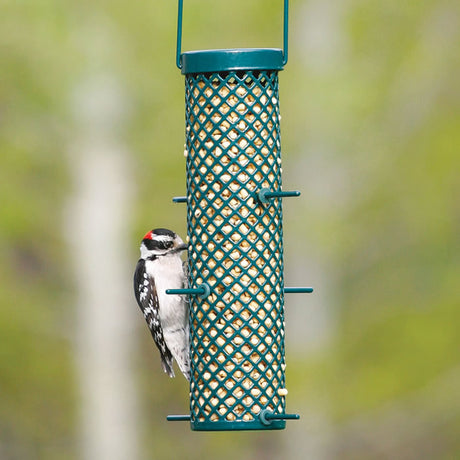 Tall Nugget Feeder: A woodpecker perched on an all-metal bird feeder with multiple feeding stations, designed to be chew-proof and squirrel-resistant.