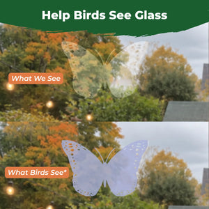 Comparison showing how a translucent butterfly window decal appears subtle to people but more visible to birds.