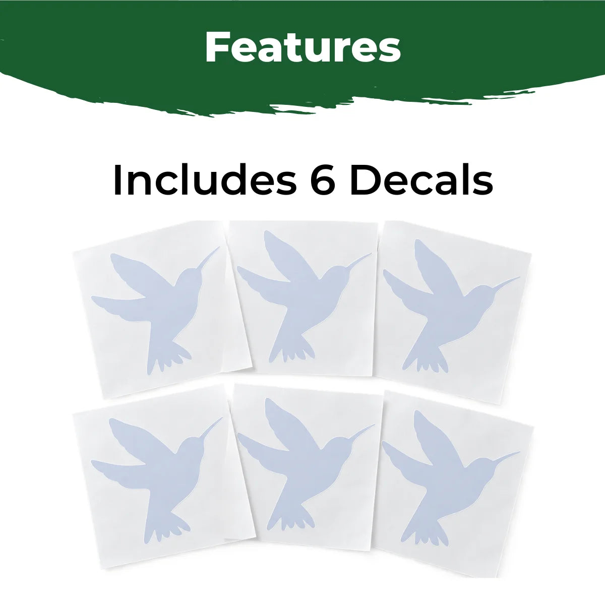 Six translucent hummingbird window strike decals shown on individual backing sheets.
