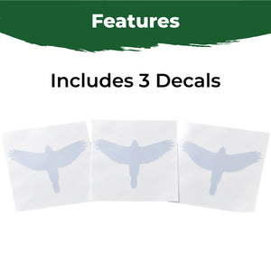 Three translucent hawk window strike decals shown on individual backing sheets.