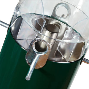 Close-up of Birds Choice squirrel-proof bird feeder featuring durable aluminum feeding ports, metal perches, and protective steel baffle.