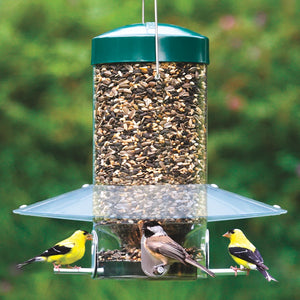 Classic Hanging Feeder with clear baffle, four feeding ports, and birds perched. Provides shelter from weather, prevents squirrel access, and holds 4 lbs. of seed.