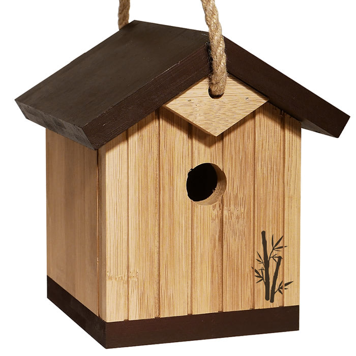 Ultimate Renewable® Bamboo Contemporary Wren House: A wooden birdhouse with a brown roof, featuring a decorative laser-etched bamboo design and a jute hanger.