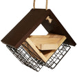 Ultimate Renewable® BAMBOO Double Suet Feeder with wooden frame, two suet cages, mini platform feeder, and jute hanger, designed for easy bird feeding and cleaning.