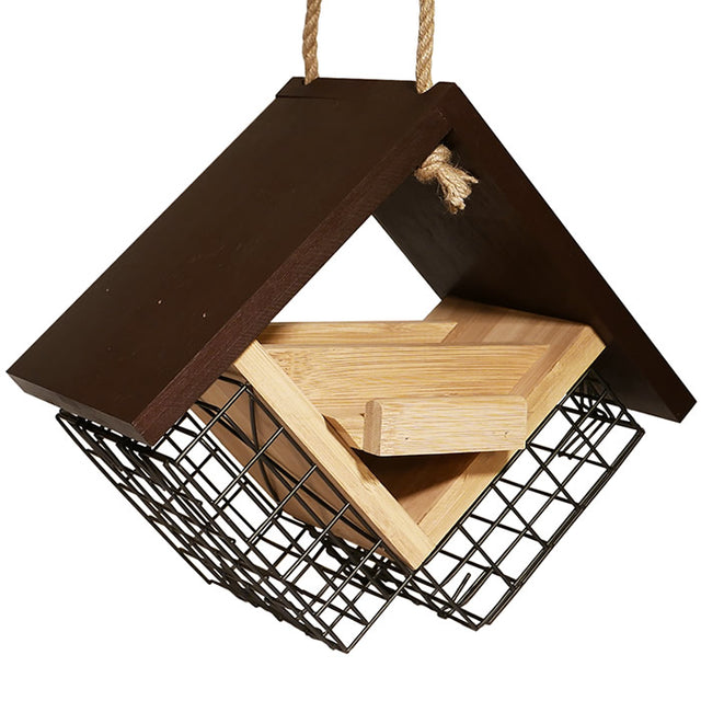 Ultimate Renewable® BAMBOO Double Suet Feeder with wooden frame, two suet cages, mini platform feeder, and jute hanger, designed for easy bird feeding and cleaning.