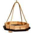 Contemporary Bamboo Octagon Platform Feeder with a jute rope hanger, featuring a metal mesh bottom for drainage. Holds 1.5 lbs of seed.