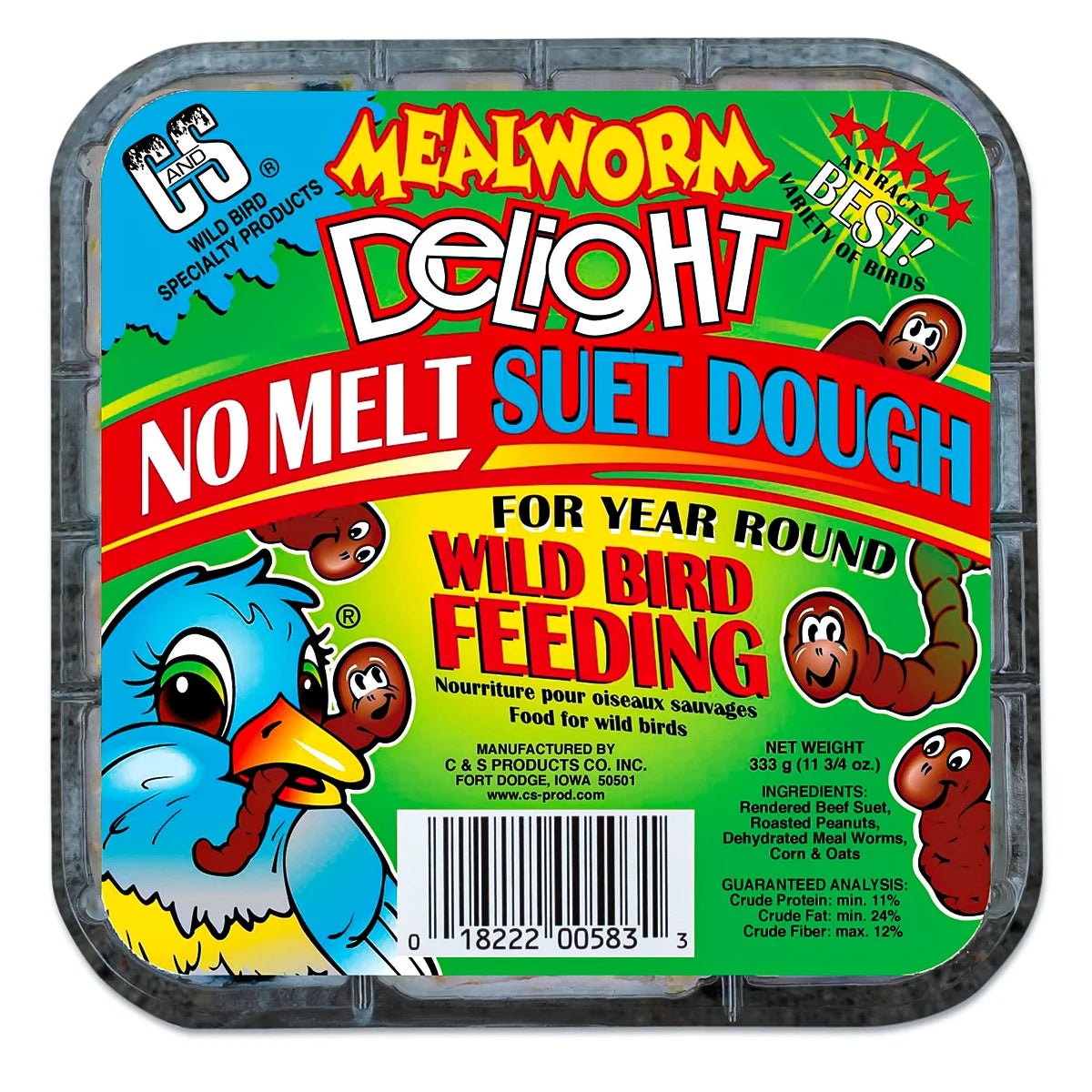 Mealworm Delight Suet Dough block for birds, featuring no-melt formula with beef suet, peanuts, corn, oats, and mealworms, packaged by C & S Specialty Products.