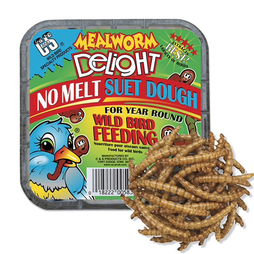 Mealworm Delight Suet Dough box featuring a cartoon bird holding a worm, with visible suet cakes and a barcode on the packaging.