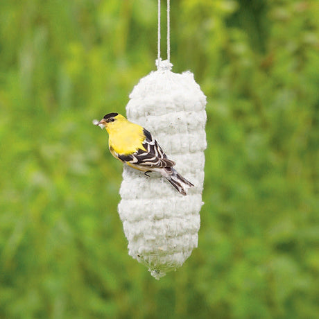 Duncraft Nest Builder, Set of 2, featuring a yellow and black bird perched on a white cotton-filled net, ideal for nesting.