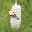 Duncraft Nest Builder, Set of 2, featuring a yellow and black bird perched on a white cotton-filled net, ideal for nesting.