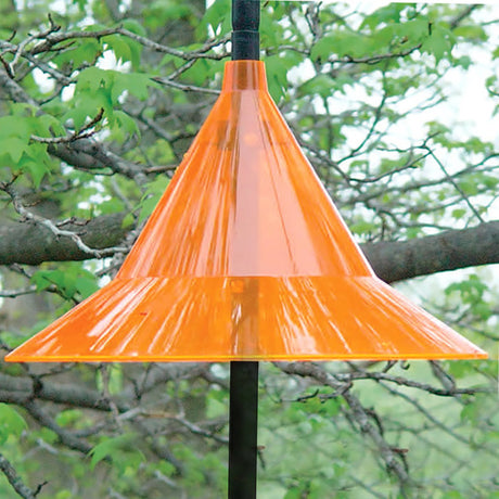 Arundale Orange Oriole Pole Hat, cone-shaped light fixture designed to shade oriole feeders, made of durable plexiglass, fits 1-inch diameter poles.