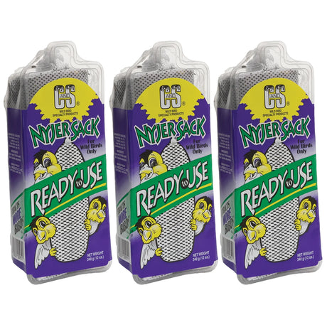 Filled Nyjer® Stocking, Set of 3; pre-filled mesh feeders for finches, featuring tiny openings for easy feeding and clinging. Includes hanger, refillable with Nyjer® seed.