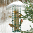 Duncraft Squirrel Blocker with Guard: Birds feeding from a wire mesh feeder with an outer grid to block squirrels, covered by a clear plastic weather guard.