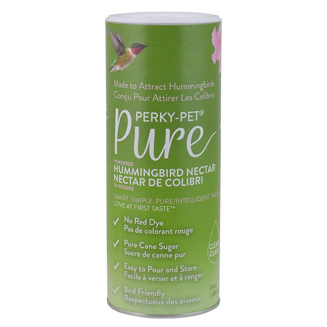 Perky-Pet® Pure Clear Hummingbird Nectar Powder, 24 oz. canister with bird-friendly formula label, easy to pour and store, makes 144 oz of nectar.