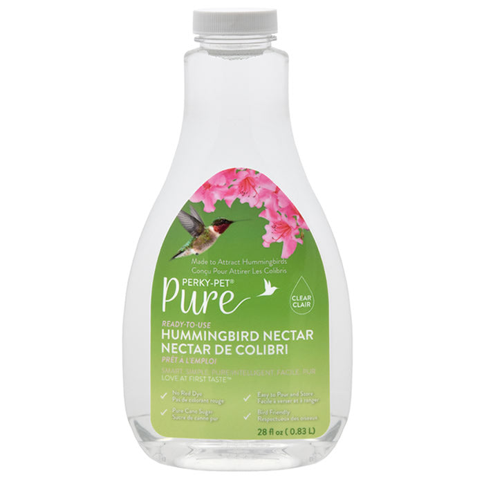 Perky-Pet® Pure Ready-to-Use Clear Hummingbird Nectar, 28 oz bottle with green label, featuring easy pour design for bird enthusiasts.