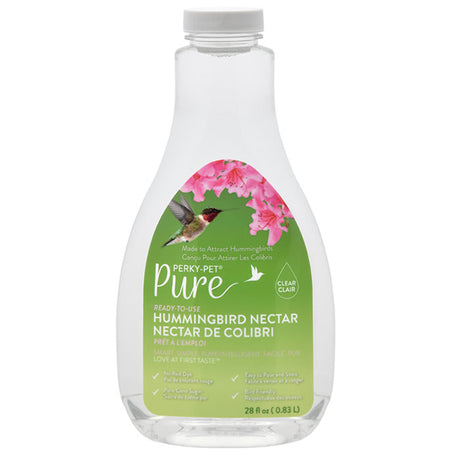 Perky-Pet® Pure Ready-to-Use Clear Hummingbird Nectar, 28 oz bottle with green label, featuring easy pour design for bird enthusiasts.