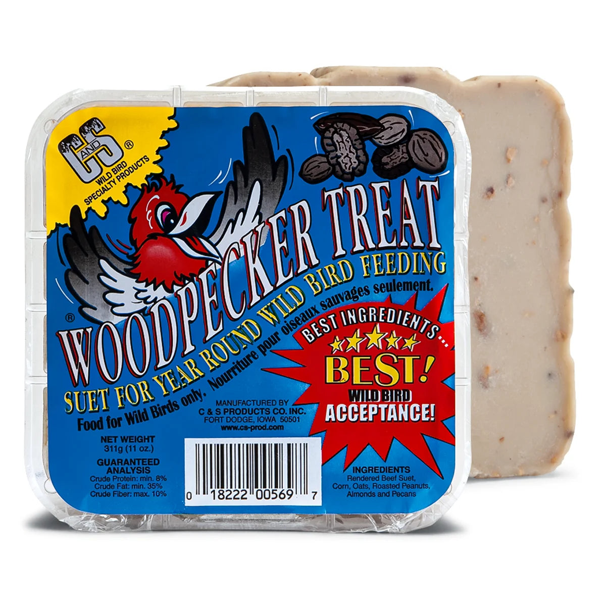 Woodpecker Treat Suet Cakes in a plastic clamshell, featuring nuts and grains, attract woodpeckers year-round with high-energy, no-waste ingredients.