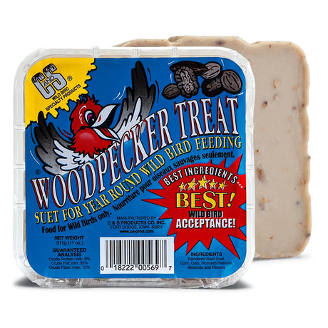 Woodpecker Treat Suet Cakes in a plastic clamshell, featuring nuts and grains, attract woodpeckers year-round with high-energy, no-waste ingredients.