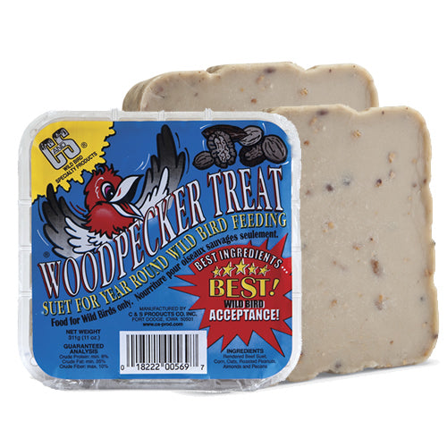 Close-up of Woodpecker Treat Suet Cakes in blue packaging, containing nuts and suet, designed to attract various woodpeckers.