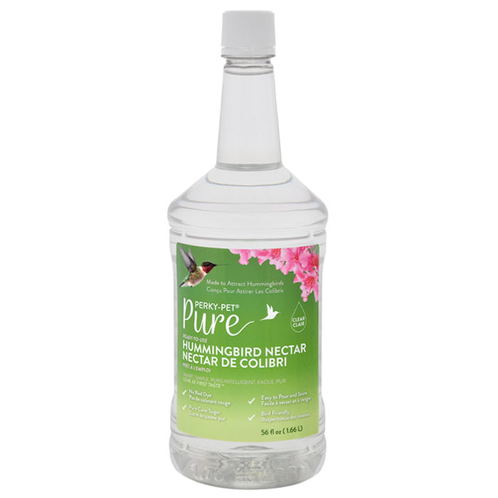 Perky-Pet® Pure Ready-to-Use Clear Hummingbird Nectar, 56 oz. bottle with green label, designed to mimic natural flower nectar for easy hummingbird feeding.