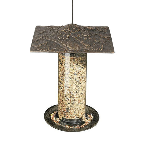 Whitehall Cardinal Tube Bird Feeder with a wide roof and durable feeding tray, featuring a rust-proof oil-rubbed bronze finish and a metal hanger for easy suspension.