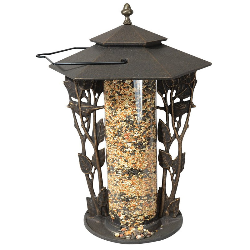 Whitehall Chickadee Silhouette Bird Feeder, a durable tube feeder with hand-cast chickadee design, oil-rubbed bronze finish, and metal hanger for outdoor use.