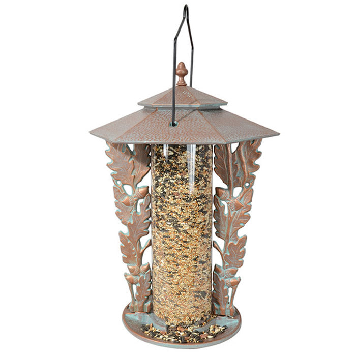 Oakleaf Silhouette Bird Feeder: A durable, handcrafted oil-rubbed bronze feeder with two trays and a clear tube, perfect for sunflower seeds.