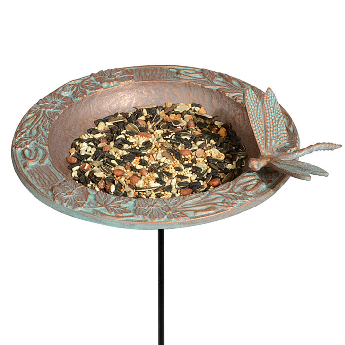 Dragonfly Garden Bird Feeder: Hand-cast metal with a dragonfly, embossed leaf border, and metal stake for easy garden installation.