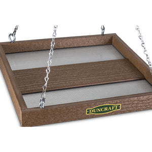 Duncraft Eco-Strong Platform Feeder: a wooden box with metal chains, featuring a 12x12 inch tray and metal mesh drainage for easy cleaning.