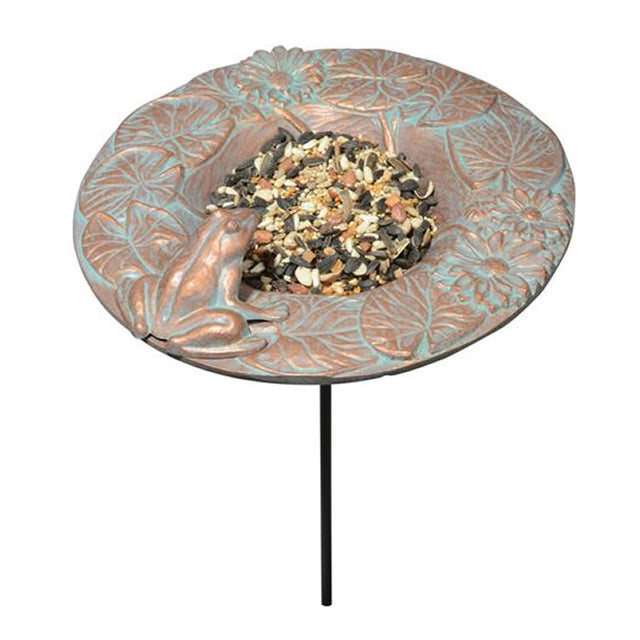 Frog Garden Bird Feeder with a frog on the rim, featuring a decorative lily pad border and ample perching space for birds.