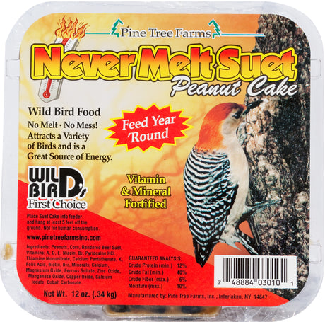 Packaged Never Melt Suet Peanut Cake by Pine Tree Farms, featuring a woodpecker image; 12 oz vitamin-fortified wild bird food for year-round feeding. Case includes 12 cakes.