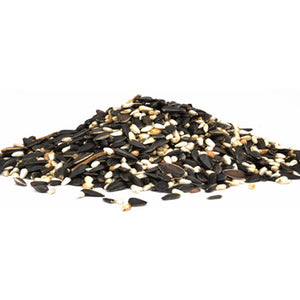 Duncraft Cardinal Blend Wild Bird Seed, 5-lb bag: A close-up of a pile of black and white seeds, including safflower and sunflower seeds.