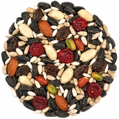 Duncraft Fruit Berry Nut Blend Wild Bird Seed, featuring a mix of nuts, seeds, and dried fruits, available in 5 or 20-lb bags.
