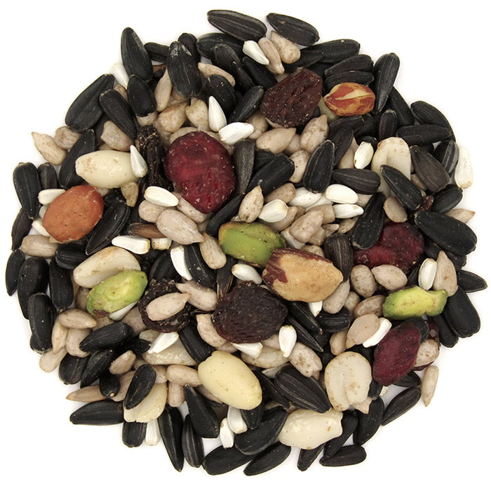 Duncraft Fruit Berry Nut Blend Wild Bird Seed, featuring a mix of nuts, seeds, and dried fruits, available in 5 or 20-lb bags.