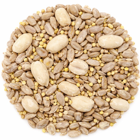 Duncraft Shell Free Blend Wild Bird Seed, available in 5 or 20-lb bags, featuring a no-waste mix of split peanuts, sunflower chips, and hulled millet.