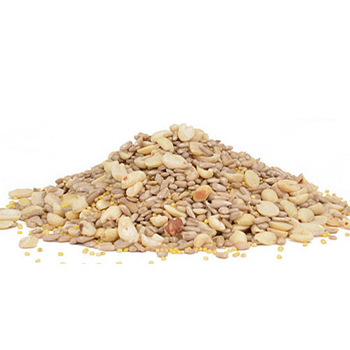 Duncraft Shell Free Blend Wild Bird Seed, 5 or 20-lb bag, featuring an edible mix of split peanuts, sunflower chips, and hulled millet, shown in a pile.